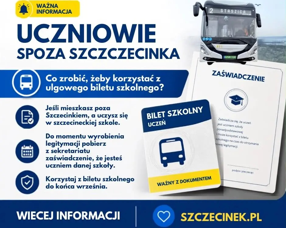 aktualność: Ważne dla uczniów szkół ponadpodstawowych spoza Szczecinka rozpoczynających naukę w Szczecinku 